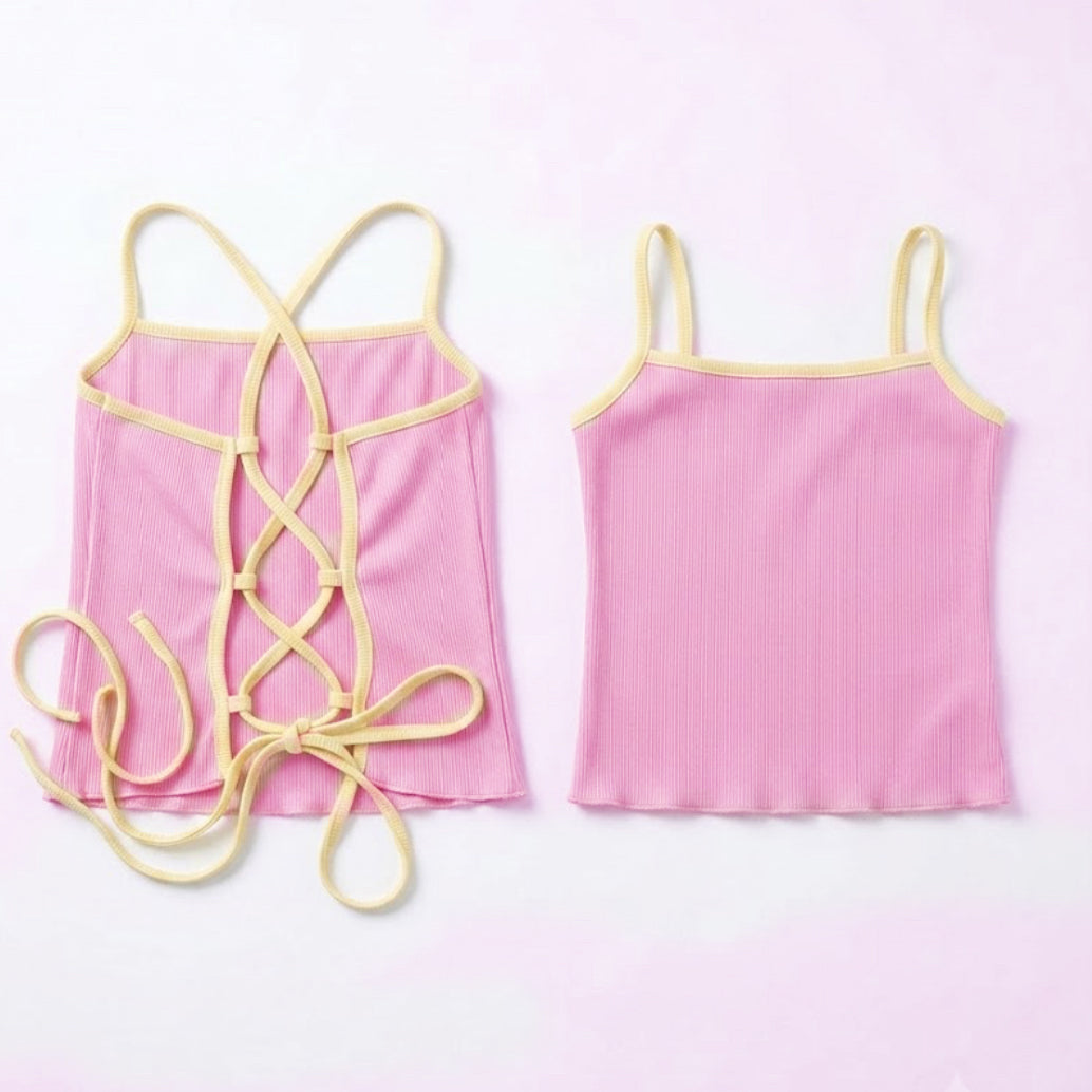 Lace-Up Back Ribbed Top ( Pink )