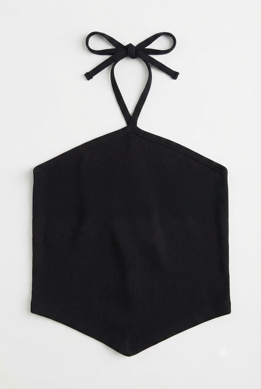 Contrast-Trim Ribbed Halter Top