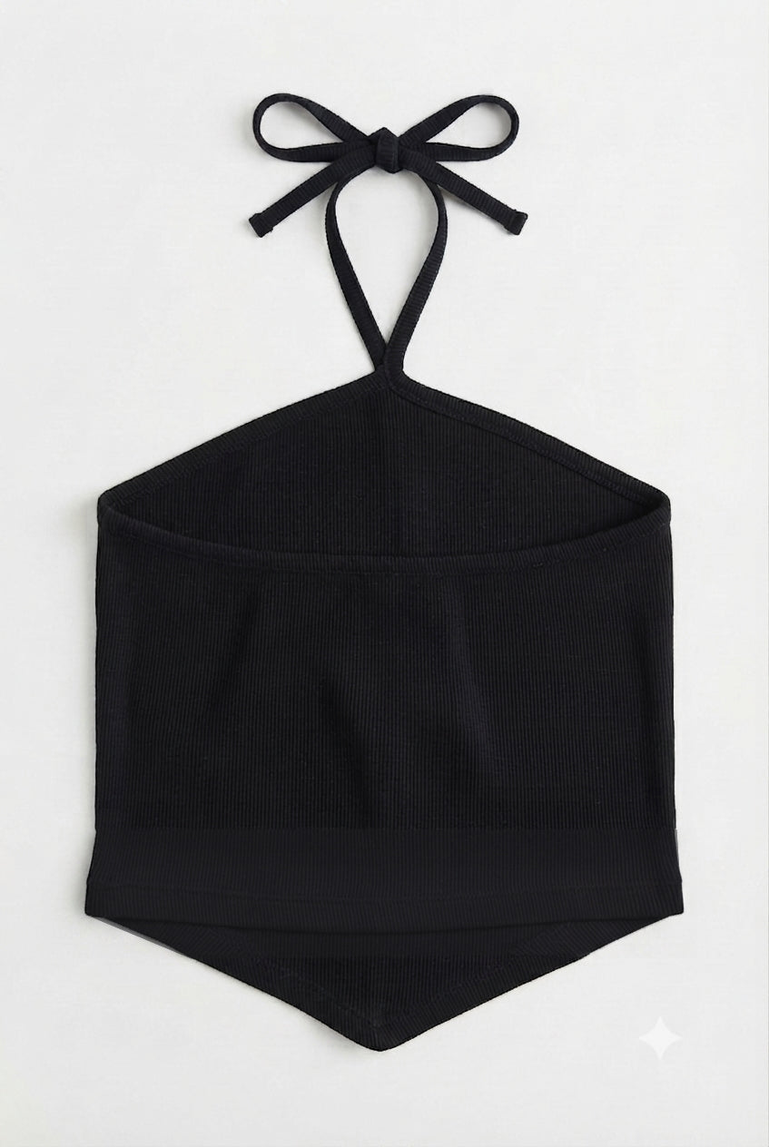Contrast-Trim Ribbed Halter Top