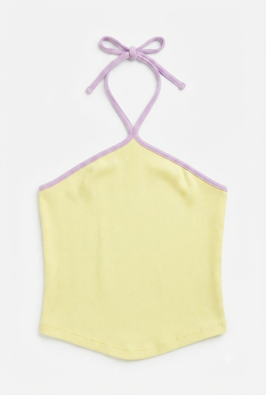 Contrast-Trim Ribbed Halter Top (Yellow)