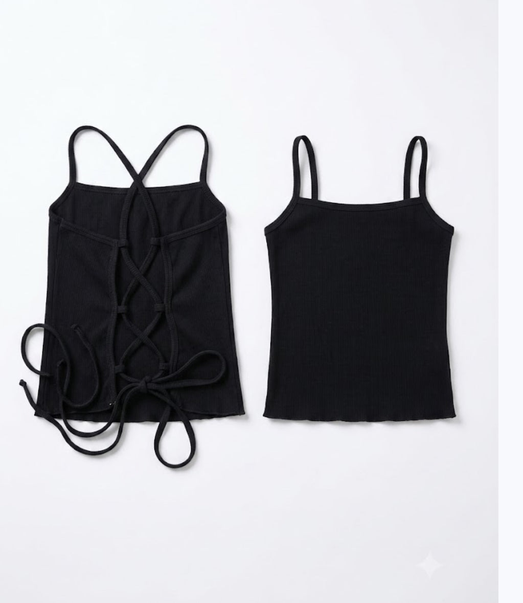 Lace-Up Back Ribbed Top ( Black )