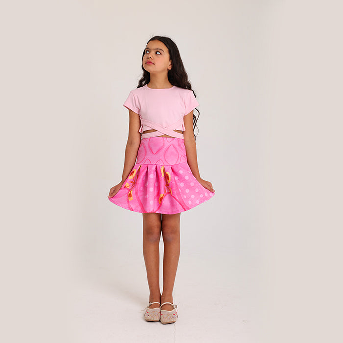 Pinky Floral &Polka Dot Pleated Skirt
