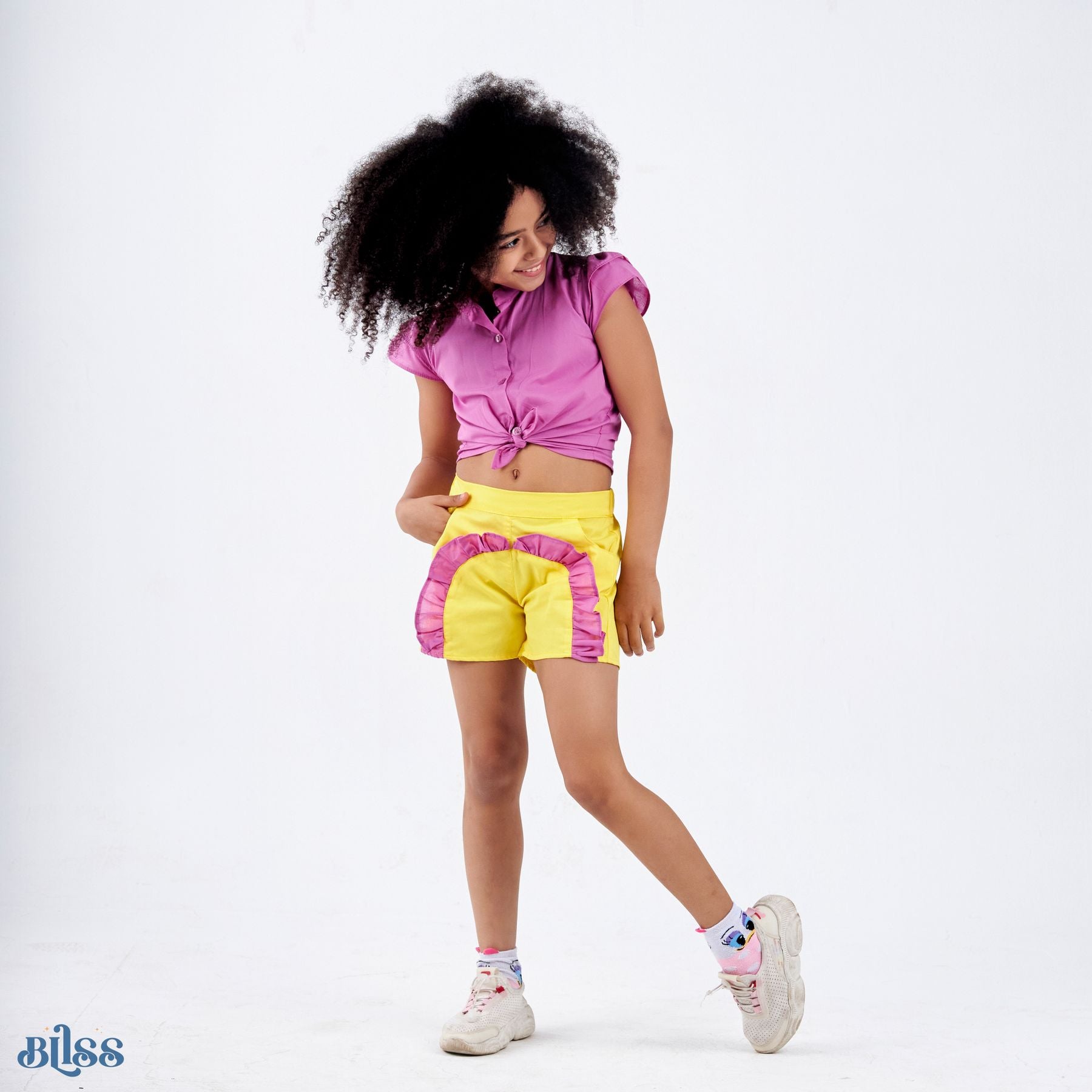 Set of 2 (Ruffles Sleeves Shirt+Ruffles Shorts ( Yellow + purple) )