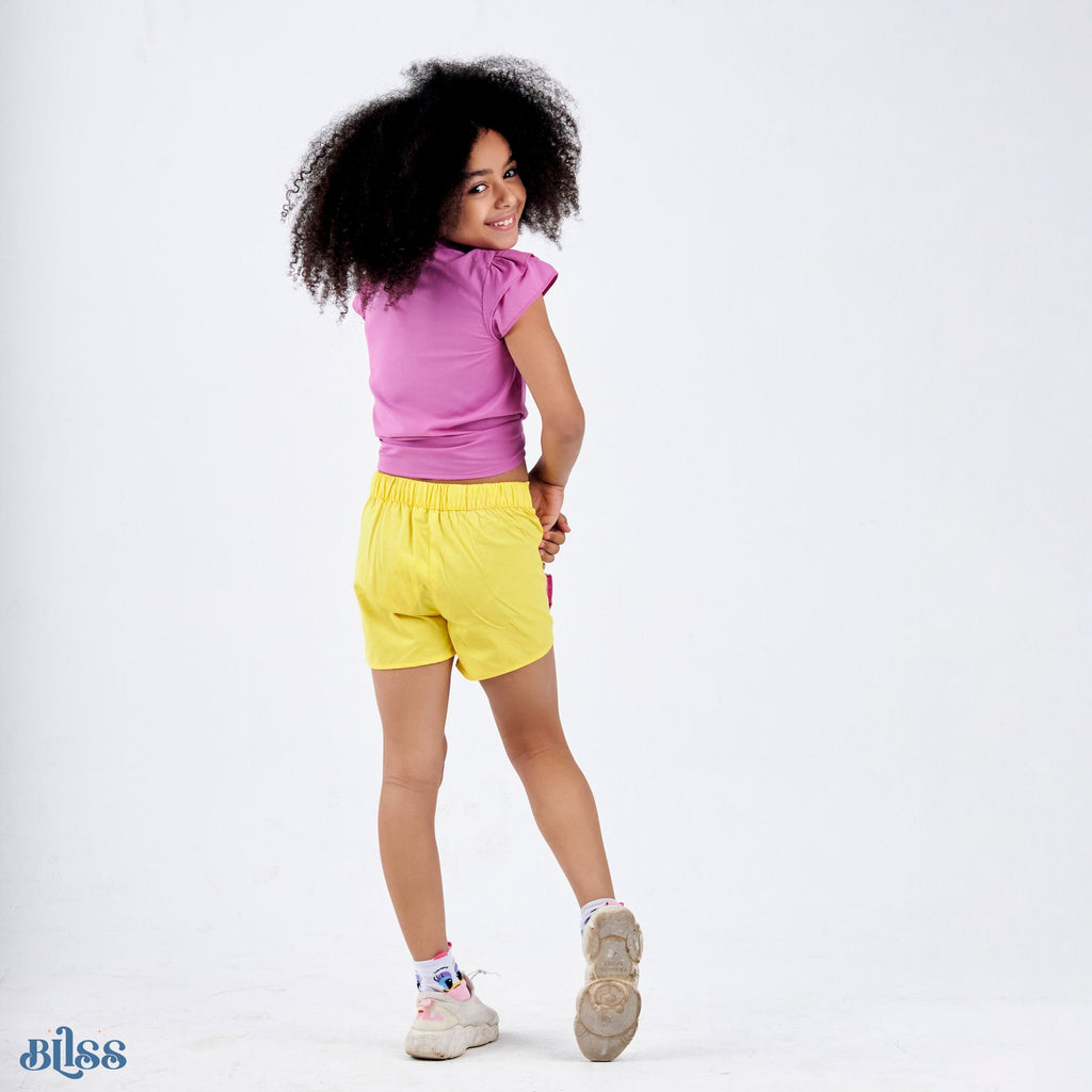 Set of 2 (Ruffles Sleeves Shirt+Ruffles Shorts ( Yellow + purple) ) - image 2