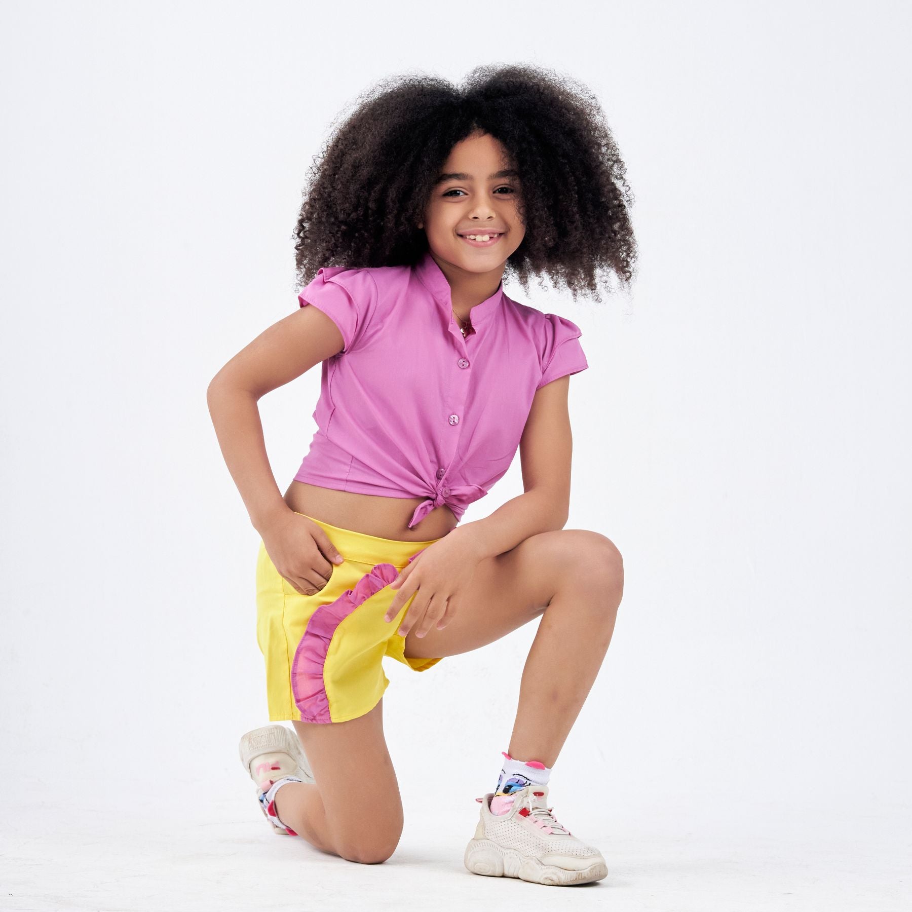 Set of 2 (Ruffles Sleeves Shirt+Ruffles Shorts ( Yellow + purple) ) - image 3