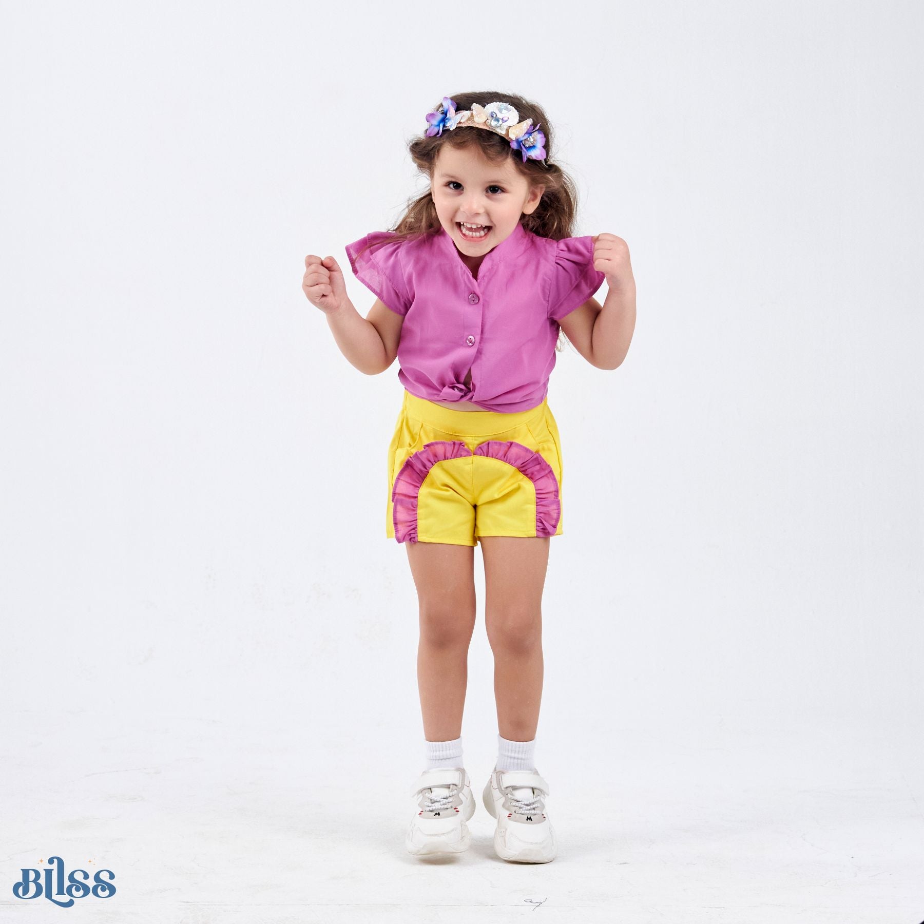 Set of 2 (Ruffles Sleeves Shirt+Ruffles Shorts ( Yellow + purple) ) - image 4