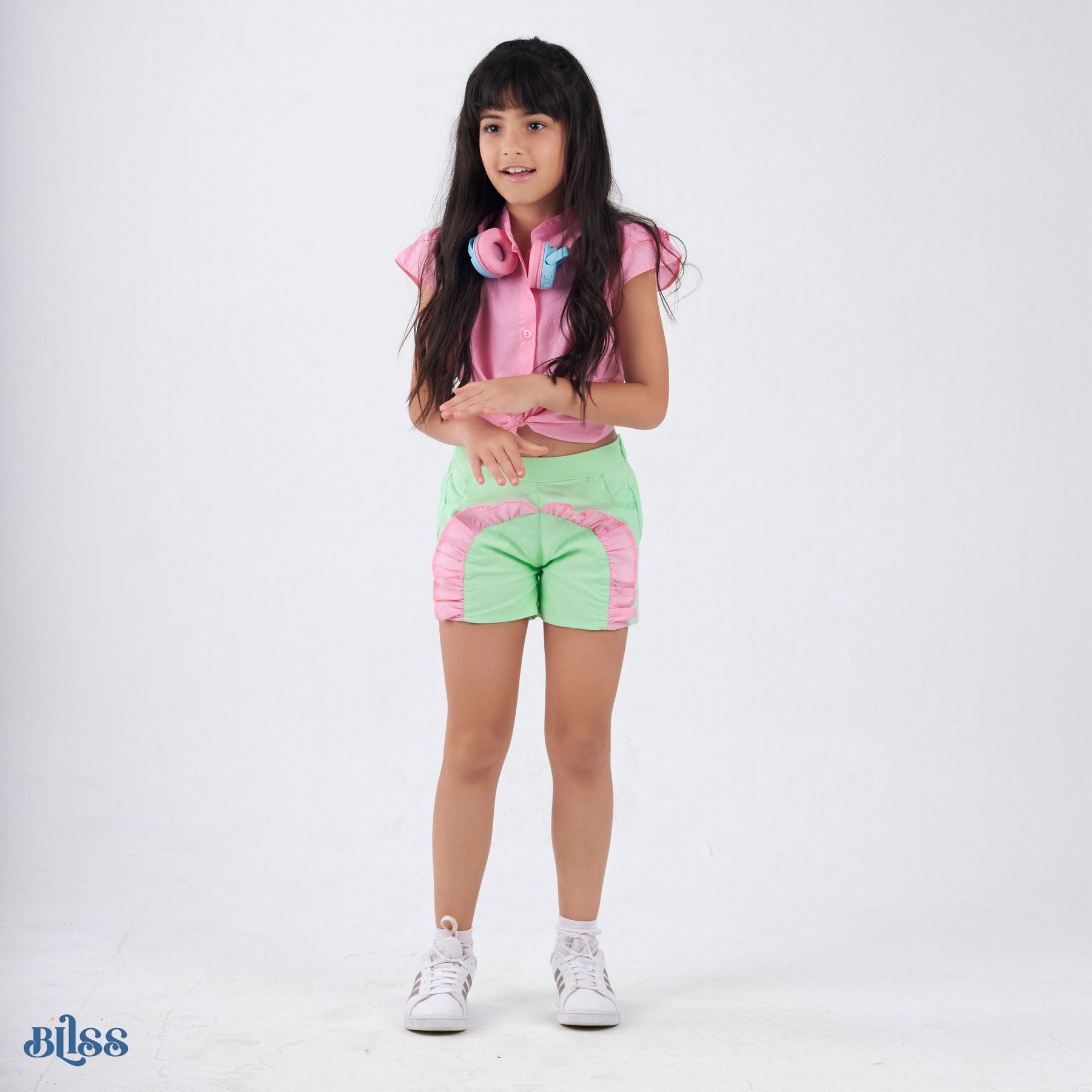 Set of 2 (Ruffles Sleeves Shirt+Ruffles Shorts ( Green + Pink) ) - image 2