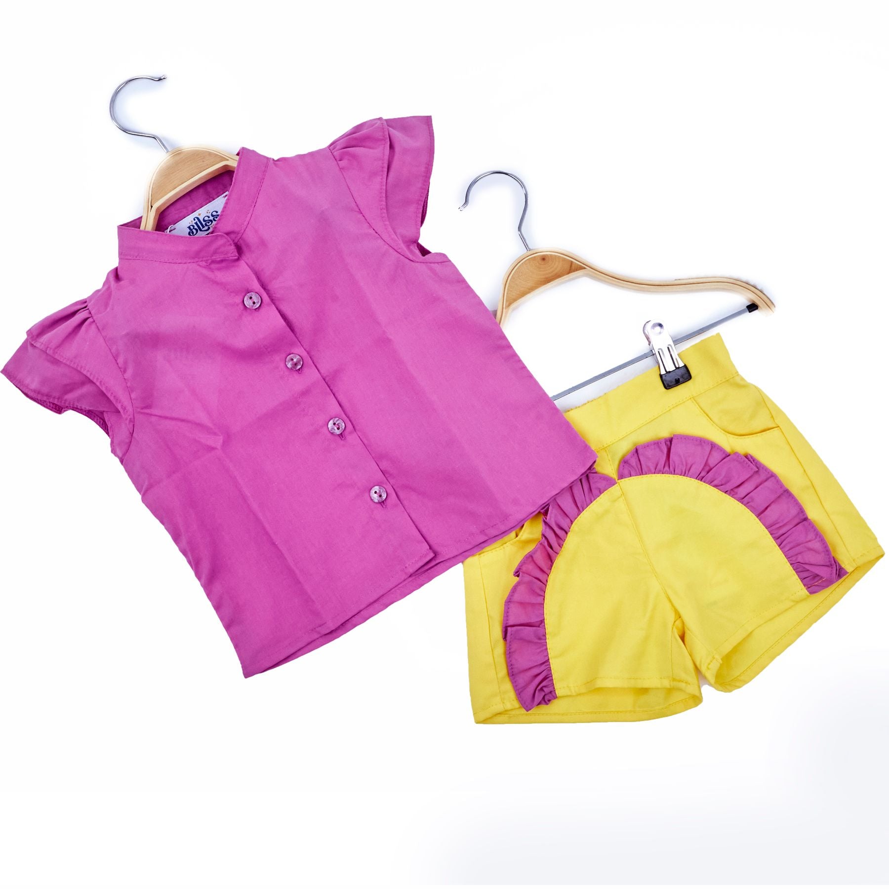 Set of 2 (Ruffles Sleeves Shirt+Ruffles Shorts ( Yellow + purple) ) - image 5