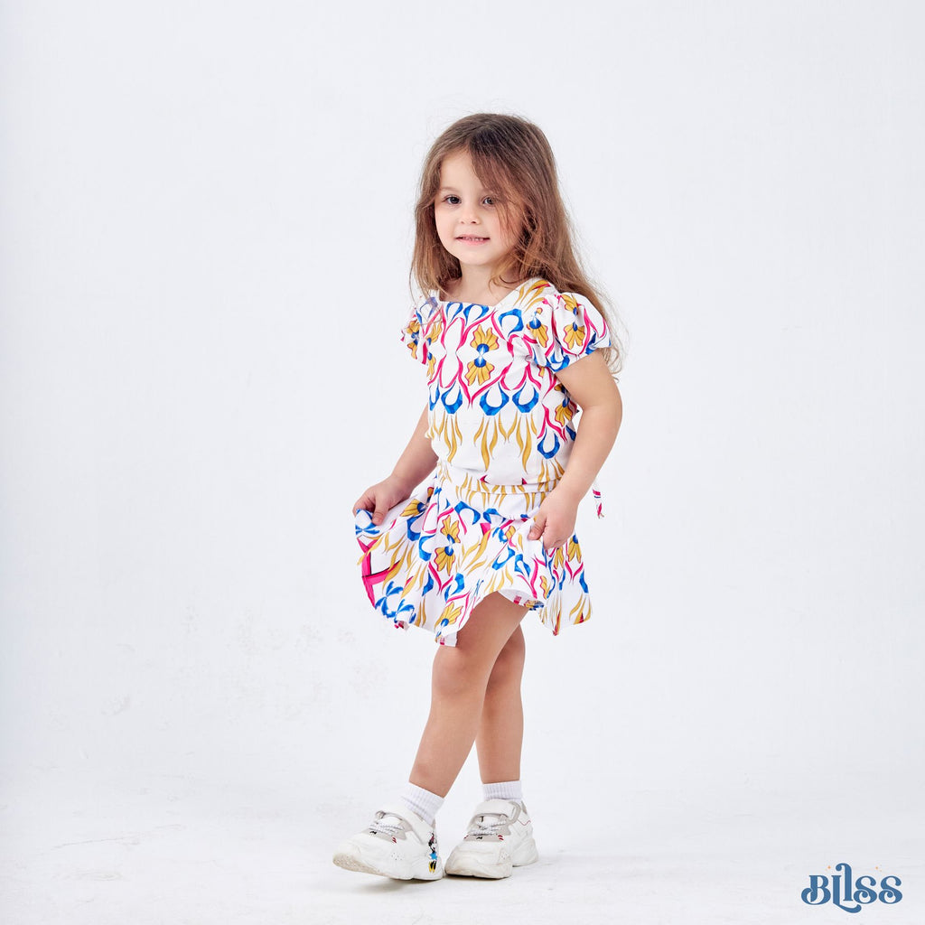 Set of 2(Printed Ruffles Skirt + Printed top with back Ribbon) )