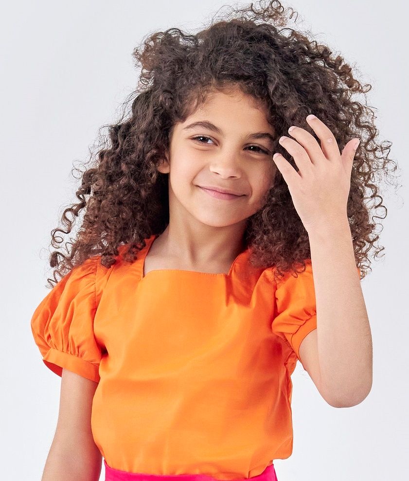 Orange Poplin Shirt with puffed sleeves and back ribbon