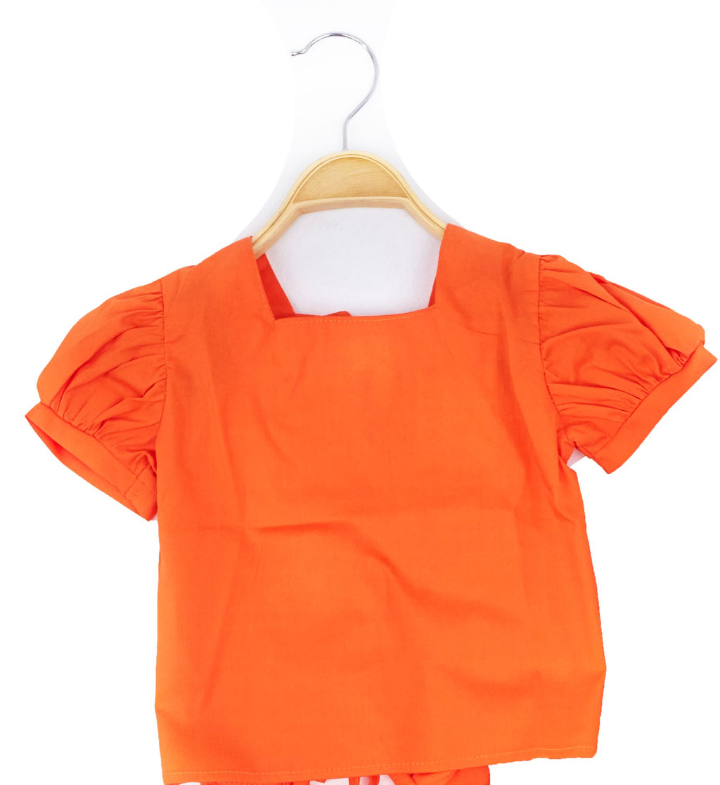 Orange Poplin Shirt with puffed sleeves and back ribbon - image 3