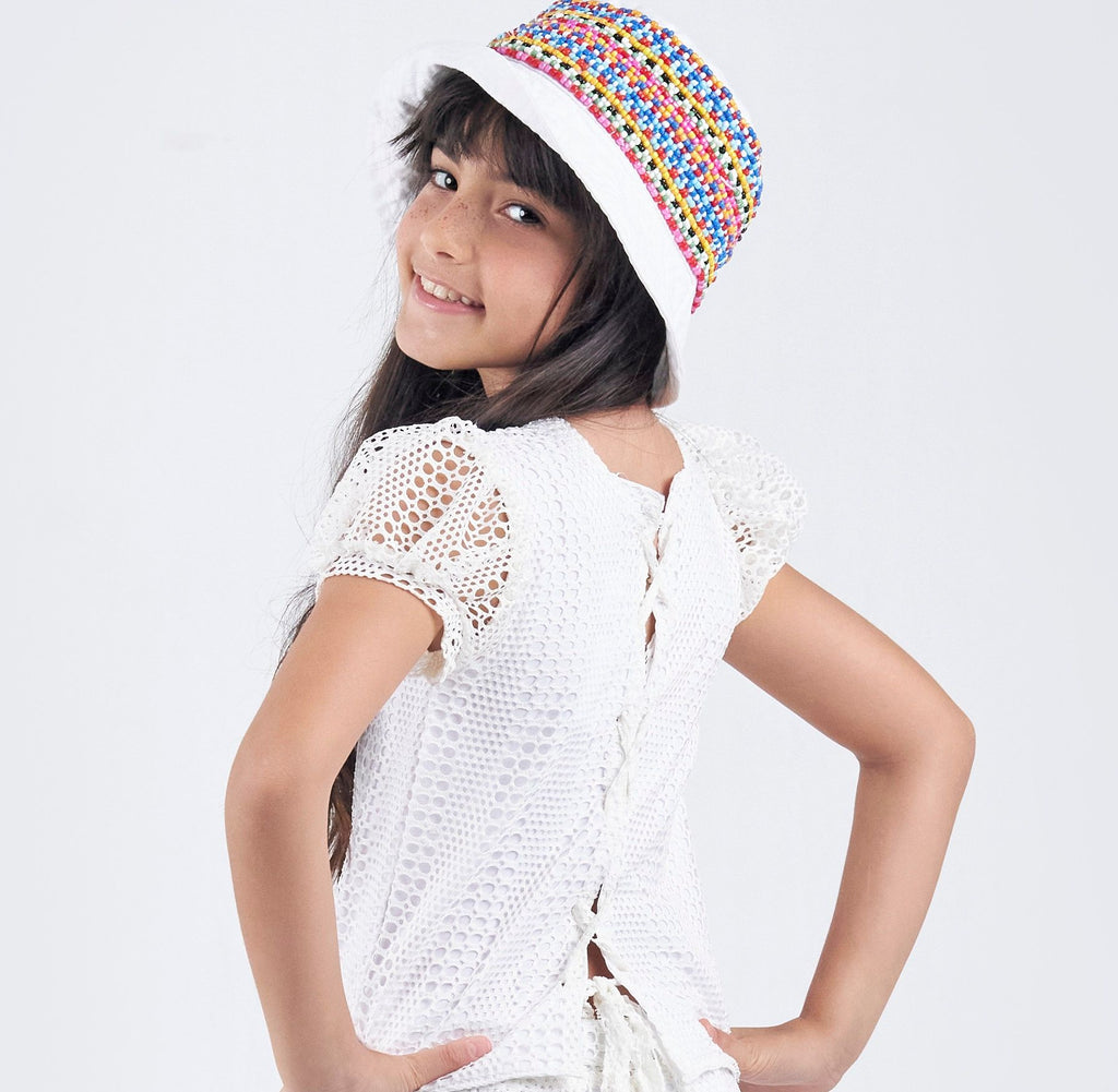 white net Top with back ribbons and puffed sleeves