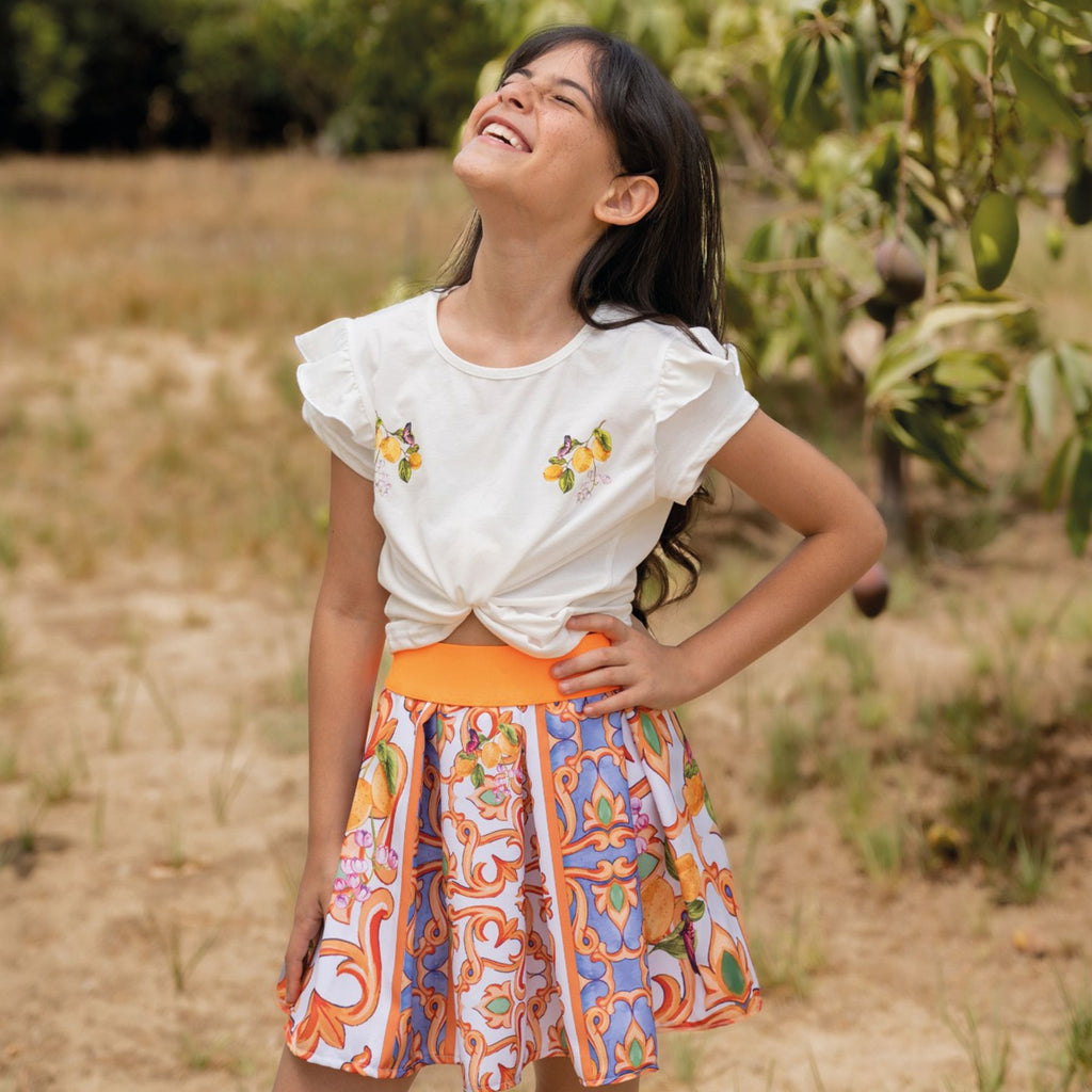 Set of 2 lemon Tile pleated skirt and t shirt