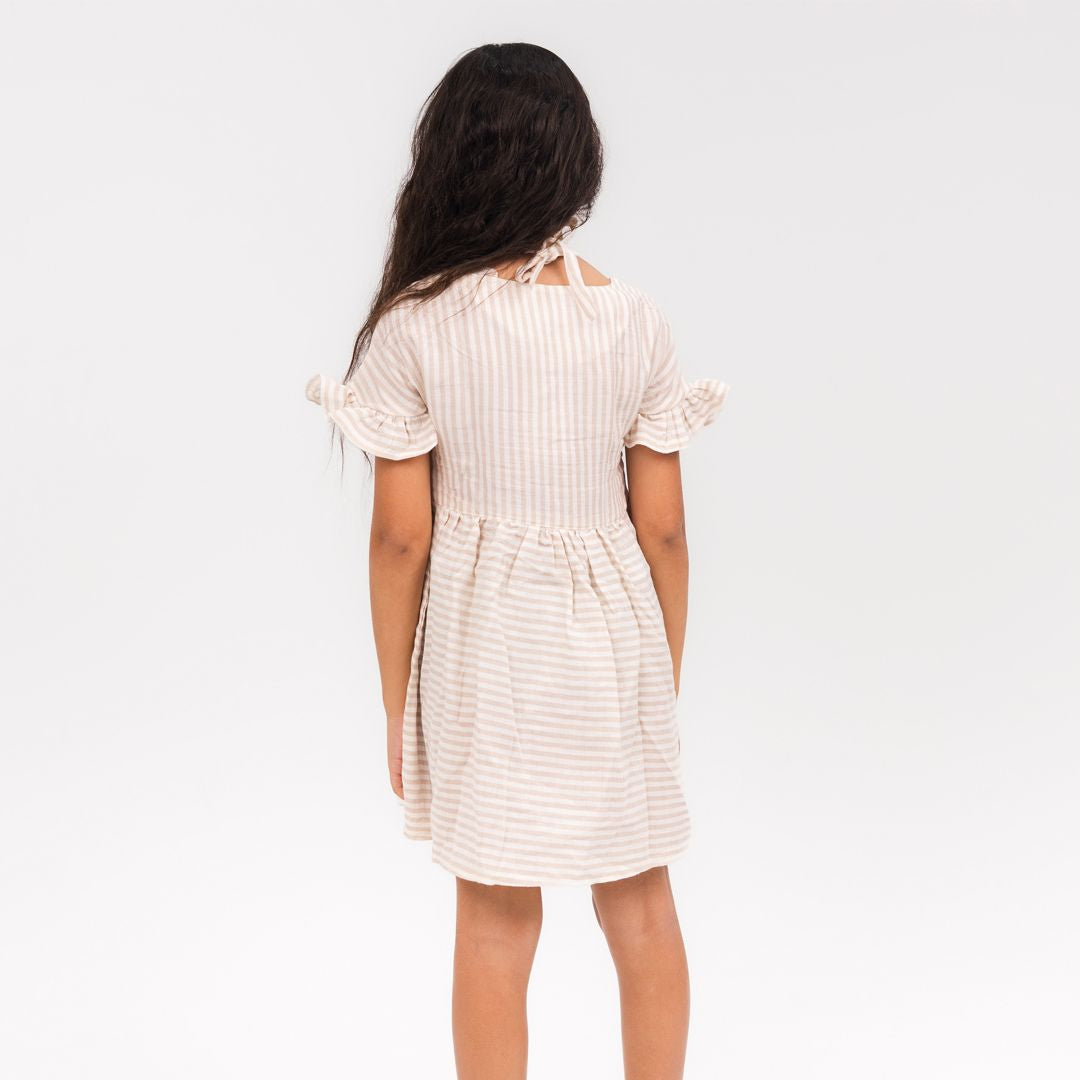 Linen beige and white stripes dress - image 3