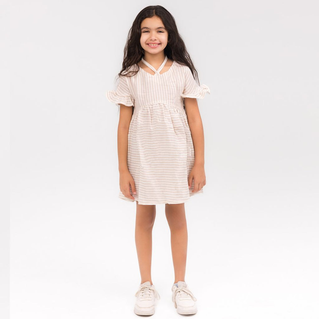 Linen beige and white stripes dress - image 4