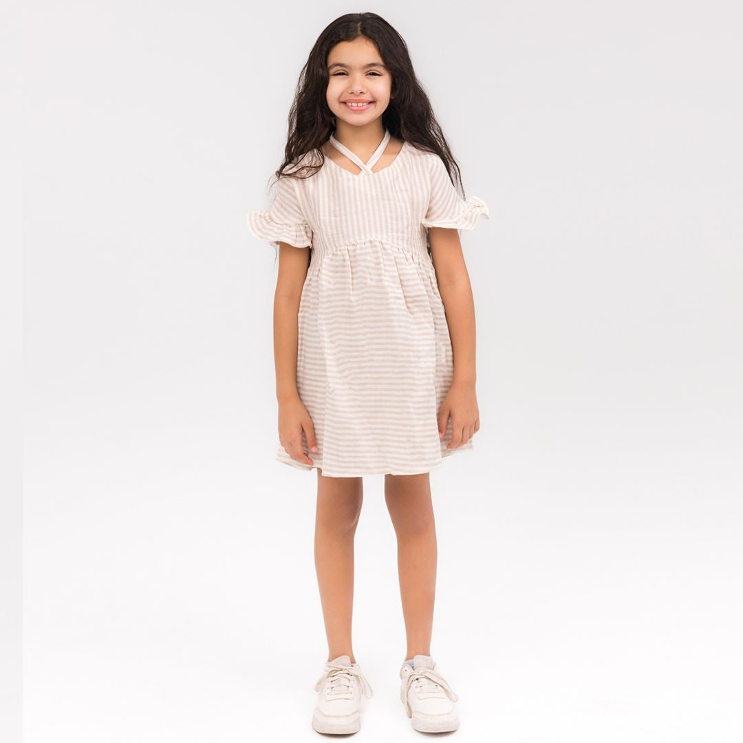 Linen beige and white stripes dress - image 4