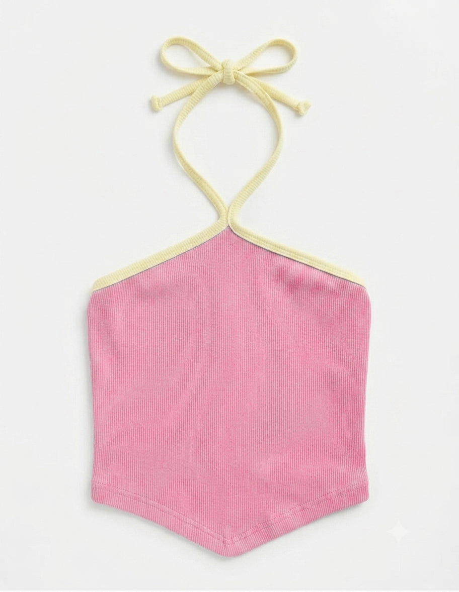 Contrast-Trim Ribbed Halter Top ( Pink)