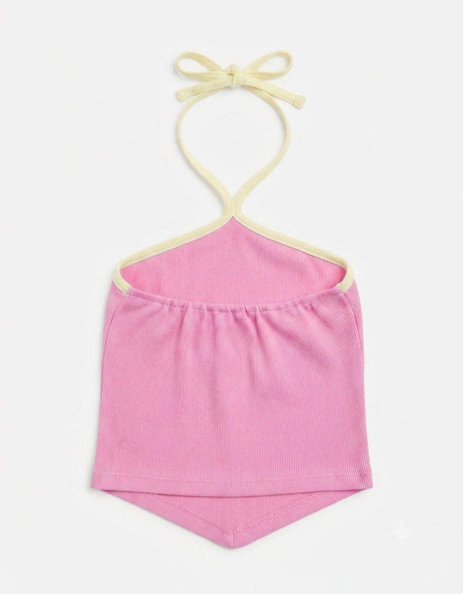Contrast-Trim Ribbed Halter Top ( Pink)